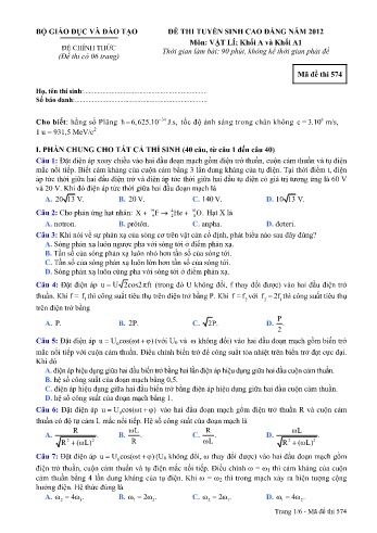 Đề thi tuyển sinh cao đẳng năm 2012 môn Vật lí Khối A+A1 - Mã đề 574 (Kèm đáp án)