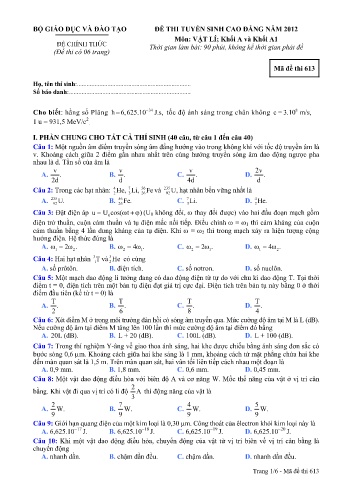 Đề thi tuyển sinh cao đẳng năm 2012 môn Vật lí Khối A+A1 - Mã đề 613 (Kèm đáp án)