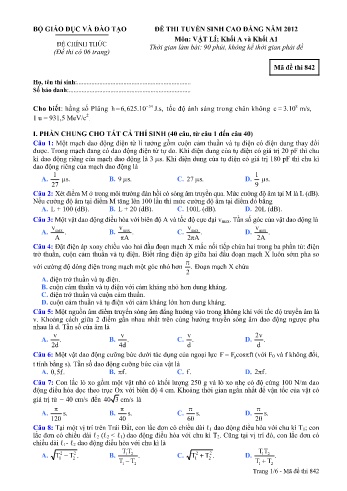 Đề thi tuyển sinh cao đẳng năm 2012 môn Vật lí Khối A+A1 - Mã đề 842 (Kèm đáp án)