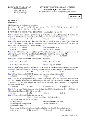 Đề thi tuyển sinh cao đẳng năm 2013 Hóa học Khối A+B - Mã đề 279 (Kèm đáp án)