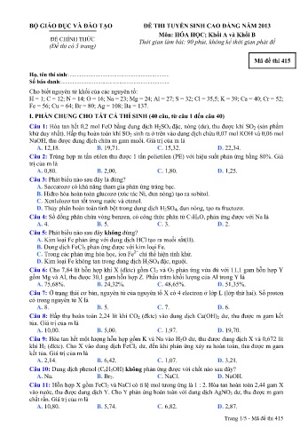 Đề thi tuyển sinh cao đẳng năm 2013 Hóa học Khối A+B - Mã đề 415 (Kèm đáp án)