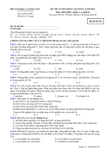 Đề thi tuyển sinh cao đẳng năm 2013 Hóa học Khối A+B - Mã đề 524 (Kèm đáp án)