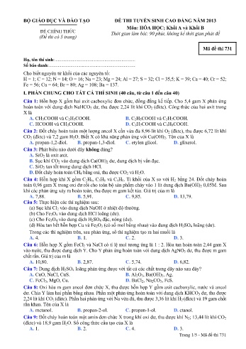 Đề thi tuyển sinh cao đẳng năm 2013 Hóa học Khối A+B - Mã đề 731 (Kèm đáp án)