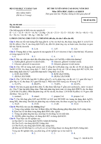 Đề thi tuyển sinh cao đẳng năm 2013 Hóa học Khối A+B - Mã đề 836 (Kèm đáp án)