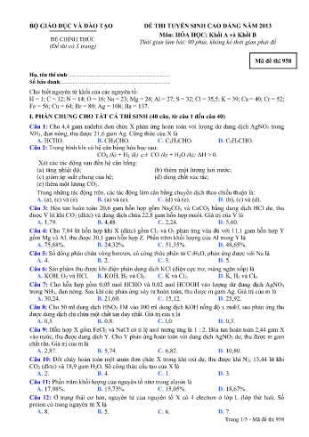 Đề thi tuyển sinh cao đẳng năm 2013 Hóa học Khối A+B - Mã đề 958 (Kèm đáp án)