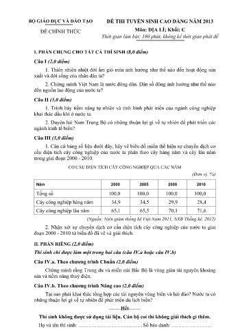 Đề thi tuyển sinh cao đẳng năm 2013 môn Địa lí Khối C (Kèm đáp án) Đề thi tuyển sinh cao đẳng năm 2013 môn Địa lí Khối C (Kèm đáp án)