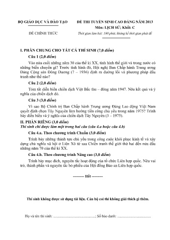 Đề thi tuyển sinh cao đẳng năm 2013 môn Lịch sử Khối C (Kèm đáp án)