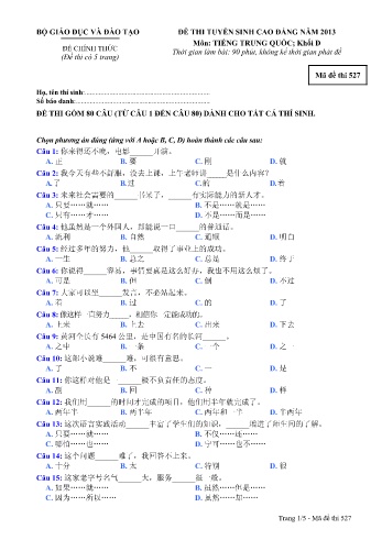 Đề thi tuyển sinh cao đẳng năm 2013 môn Tiếng Anh Khối D - Mã đề 527 (Kèm đáp án)