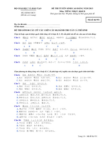 Đề thi tuyển sinh cao đẳng năm 2013 môn Tiếng Nhật Khối D - Mã đề 951 (Kèm đáp án)