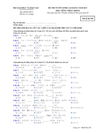 Đề thi tuyển sinh cao đẳng năm 2013 môn Tiếng Nhật Khối D - Mã đề 248 (Kèm đáp án)