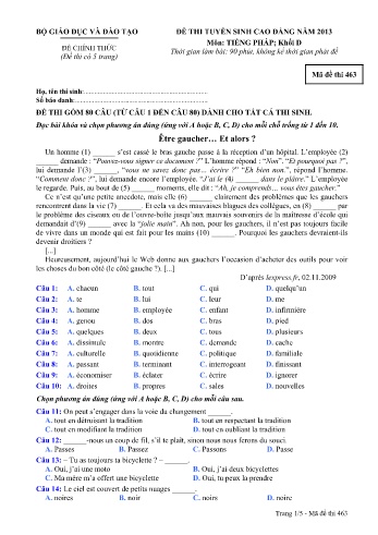 Đề thi tuyển sinh cao đẳng năm 2013 môn Tiếng Pháp Khối D - Mã đề 463 (Kèm đáp án)