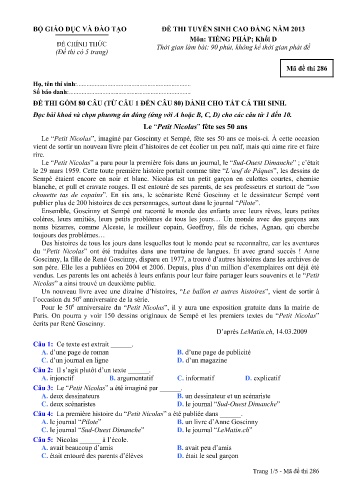 Đề thi tuyển sinh cao đẳng năm 2013 môn Tiếng Pháp Khối D - Mã đề 286 (Kèm đáp án)