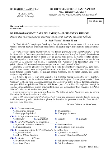 Đề thi tuyển sinh cao đẳng năm 2013 môn Tiếng Pháp Khối D - Mã đề 531 (Kèm đáp án)