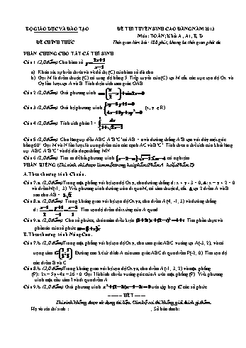 Đề thi tuyển sinh cao đẳng năm 2013 môn Toán Khối A, A1, B, D (Kèm đáp án)
