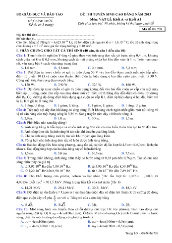 Đề thi tuyển sinh cao đẳng năm 2013 môn Vật lí Khối A+A1 - Mã đề 739 (Kèm đáp án)