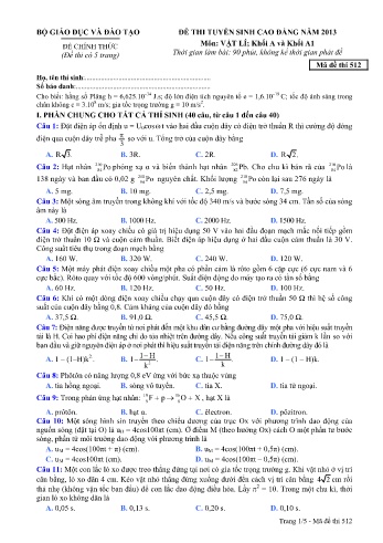Đề thi tuyển sinh cao đẳng năm 2013 môn Vật lí Khối A+A1 - Mã đề 512 (Kèm đáp án)