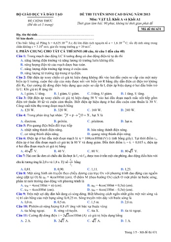 Đề thi tuyển sinh cao đẳng năm 2013 môn Vật lí Khối A+A1 - Mã đề 631 (Kèm đáp án)