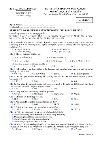 Đề thi tuyển sinh cao đẳng năm 2014 Hóa học Khối A+B - Mã đề 475 (Kèm đáp án)