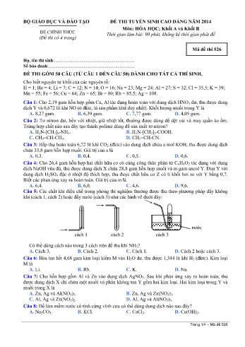 Đề thi tuyển sinh cao đẳng năm 2014 Hóa học Khối A+B - Mã đề 526 (Kèm đáp án)
