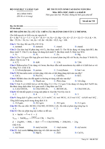 Đề thi tuyển sinh cao đẳng năm 2014 Hóa học Khối A+B - Mã đề 729 (Kèm đáp án)