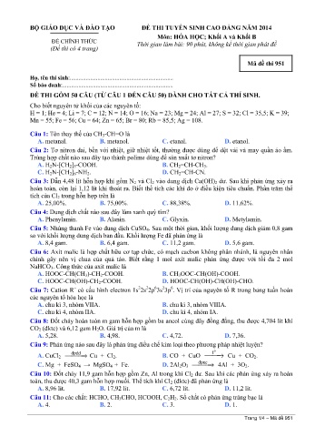 Đề thi tuyển sinh cao đẳng năm 2014 Hóa học Khối A+B - Mã đề 951 (Kèm đáp án)