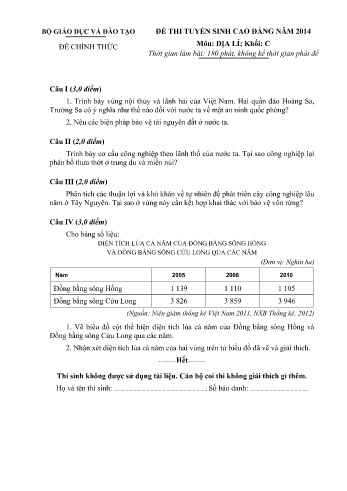 Đề thi tuyển sinh cao đẳng năm 2014 môn Địa lí Khối C (Kèm đáp án)