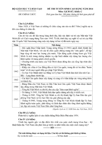 Đề thi tuyển sinh cao đẳng năm 2014 môn Lịch sử Khối C (Kèm đáp án)