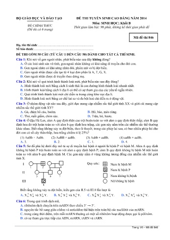 Đề thi tuyển sinh cao đẳng năm 2014 môn Sinh học Khối B - Mã đề 846 (Kèm đáp án)