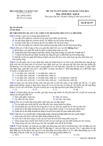 Đề thi tuyển sinh cao đẳng năm 2014 môn Sinh học Khối B - Mã đề 197 (Kèm đáp án)