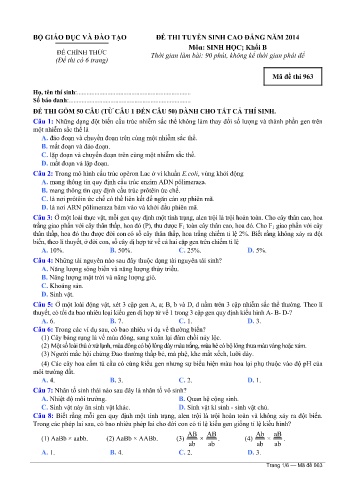 Đề thi tuyển sinh cao đẳng năm 2014 môn Sinh học Khối B - Mã đề 963 (Kèm đáp án)