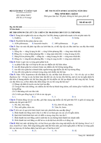 Đề thi tuyển sinh cao đẳng năm 2014 môn Sinh học Khối B - Mã đề 425 (Kèm đáp án)