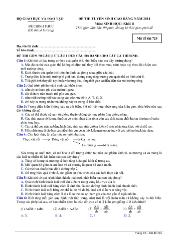 Đề thi tuyển sinh cao đẳng năm 2014 môn Sinh học Khối B - Mã đề 724 (Kèm đáp án)