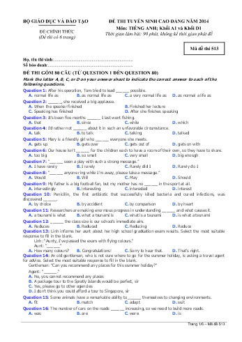 Đề thi tuyển sinh cao đẳng năm 2014 môn Tiếng Anh Khối A1+D1 - Mã đề 513 (Kèm đáp án)