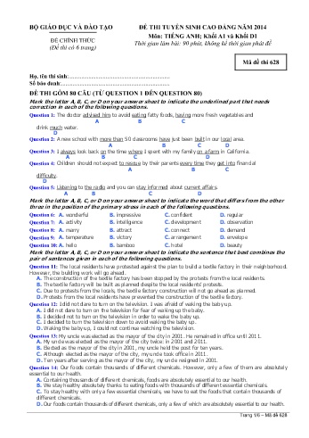 Đề thi tuyển sinh cao đẳng năm 2014 môn Tiếng Anh Khối A1+D1 - Mã đề 628 (Kèm đáp án)