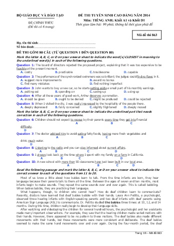 Đề thi tuyển sinh cao đẳng năm 2014 môn Tiếng Anh Khối A1+D1 - Mã đề 863 (Kèm đáp án)