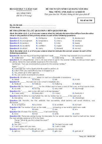 Đề thi tuyển sinh cao đẳng năm 2014 môn Tiếng Anh Khối A1+D1 - Mã đề 358 (Kèm đáp án)
