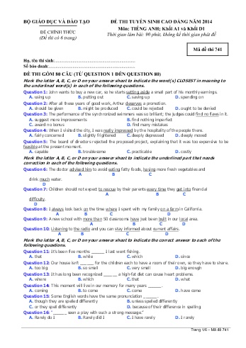 Đề thi tuyển sinh cao đẳng năm 2014 môn Tiếng Anh Khối A1+D1 - Mã đề 741 (Kèm đáp án)