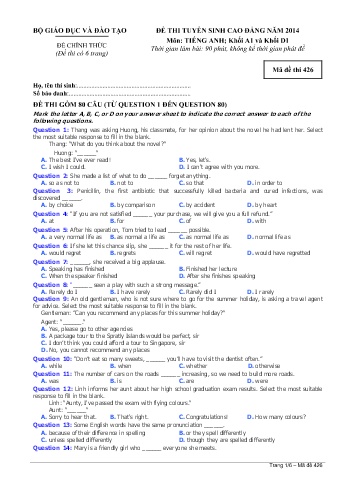 Đề thi tuyển sinh cao đẳng năm 2014 môn Tiếng Anh Khối A1+D1 - Mã đề 426 (Kèm đáp án)