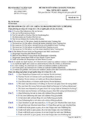 Đề thi tuyển sinh cao đẳng năm 2014 môn Tiếng Đức Khối D - Mã đề 731 (Kèm đáp án)