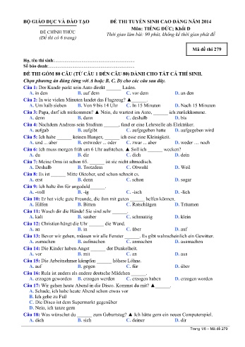 Đề thi tuyển sinh cao đẳng năm 2014 môn Tiếng Đức Khối D - Mã đề 279 (Kèm đáp án)