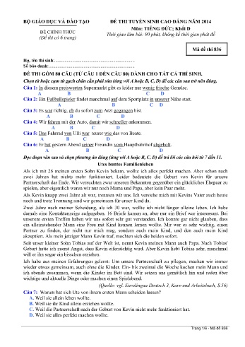 Đề thi tuyển sinh cao đẳng năm 2014 môn Tiếng Đức Khối D - Mã đề 836 (Kèm đáp án)