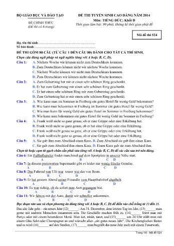 Đề thi tuyển sinh cao đẳng năm 2014 môn Tiếng Đức Khối D - Mã đề 524 (Kèm đáp án)