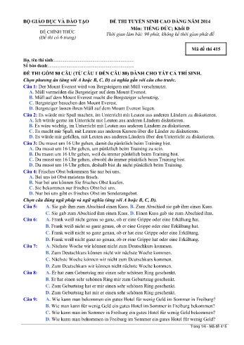 Đề thi tuyển sinh cao đẳng năm 2014 môn Tiếng Đức Khối D - Mã đề 415 (Kèm đáp án)