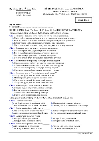 Đề thi tuyển sinh cao đẳng năm 2014 môn Tiếng Nga Khối D - Mã đề 362 (Kèm đáp án)