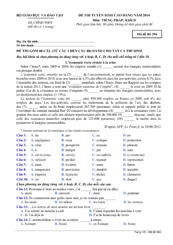 Đề thi tuyển sinh cao đẳng năm 2014 môn Tiếng Pháp Khối D - Mã đề 394 (Kèm đáp án)
