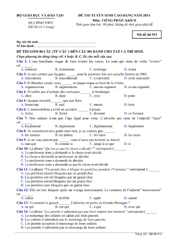 Đề thi tuyển sinh cao đẳng năm 2014 môn Tiếng Pháp Khối D - Mã đề 913 (Kèm đáp án)