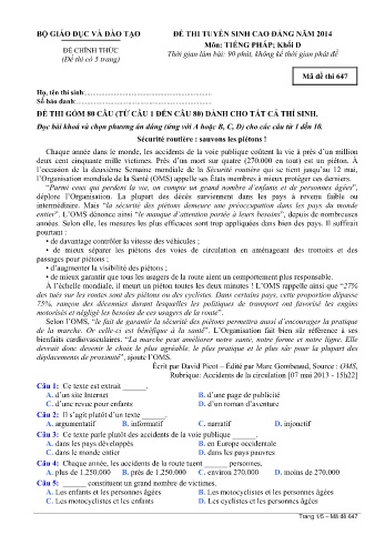 Đề thi tuyển sinh cao đẳng năm 2014 môn Tiếng Pháp Khối D - Mã đề 647 (Kèm đáp án)