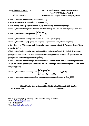 Đề thi tuyển sinh cao đẳng năm 2014 môn Toán Khối A, A1, B, D (Kèm đáp án)