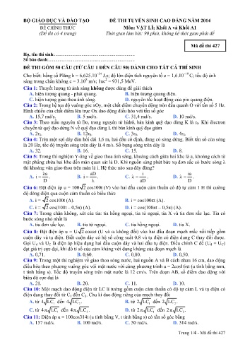 Đề thi tuyển sinh cao đẳng năm 2014 môn Vật lí Khối A+A1 - Mã đề 427 (Kèm đáp án)