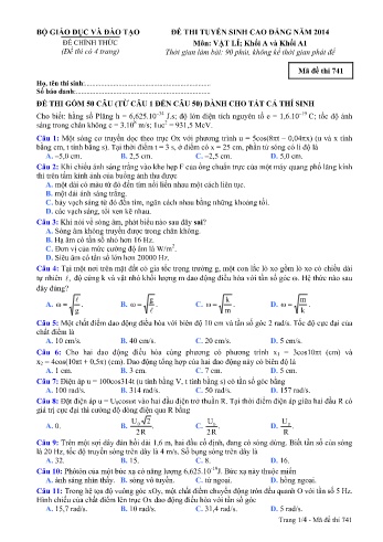 Đề thi tuyển sinh cao đẳng năm 2014 môn Vật lí Khối A+A1 - Mã đề 741 (Kèm đáp án)